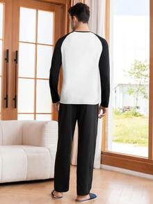 Hombres Conjunto de pijama pantalones con camiseta con estampado de slogan de manga raglán - Blanco y Negro - Ver 6