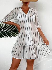 SHEIN Striped Print Flounce Sleeve Ruffle Hem Cover Up Dress - Multicolor - View 1
