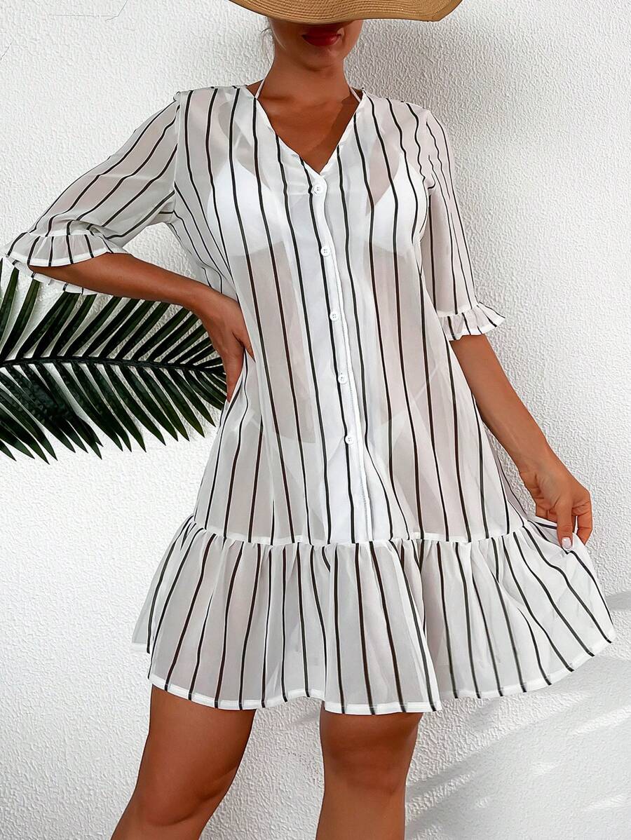 SHEIN Striped Print Flounce Sleeve Ruffle Hem Cover Up Dress - Multicolor - View 1