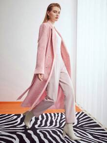 MOTF PREMIUM LONG TWEED BELTED COAT,LADIES WINTER ELEGANT BELTED,DOUBLE BUTTON,POCKET REGULAR SLEEVE LAPEL REGULAR FIT PINK PLAIN WOMEN OVERCOATS,CASUAL DAILY WEAR - Pink - View 6