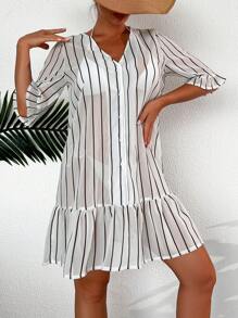SHEIN Striped Print Flounce Sleeve Ruffle Hem Cover Up Dress - Multicolor - View 5