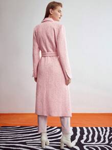 MOTF PREMIUM LONG TWEED BELTED COAT,LADIES WINTER ELEGANT BELTED,DOUBLE BUTTON,POCKET REGULAR SLEEVE LAPEL REGULAR FIT PINK PLAIN WOMEN OVERCOATS,CASUAL DAILY WEAR - Pink - View 8