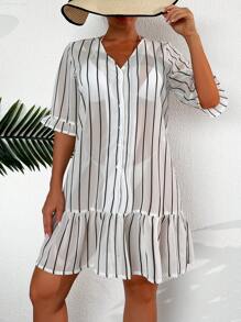 SHEIN Striped Print Flounce Sleeve Ruffle Hem Cover Up Dress - Multicolor - View 6