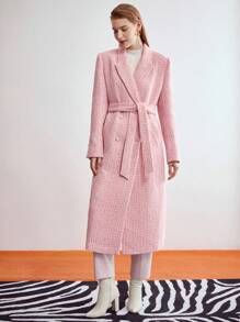 MOTF PREMIUM LONG TWEED BELTED COAT,LADIES WINTER ELEGANT BELTED,DOUBLE BUTTON,POCKET REGULAR SLEEVE LAPEL REGULAR FIT PINK PLAIN WOMEN OVERCOATS,CASUAL DAILY WEAR - Pink - View 9