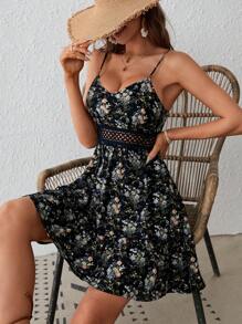 SHEIN VCAY 滿版印花水溶蕾絲拼接吊帶連衣裙 - 彩色 - 查看 1