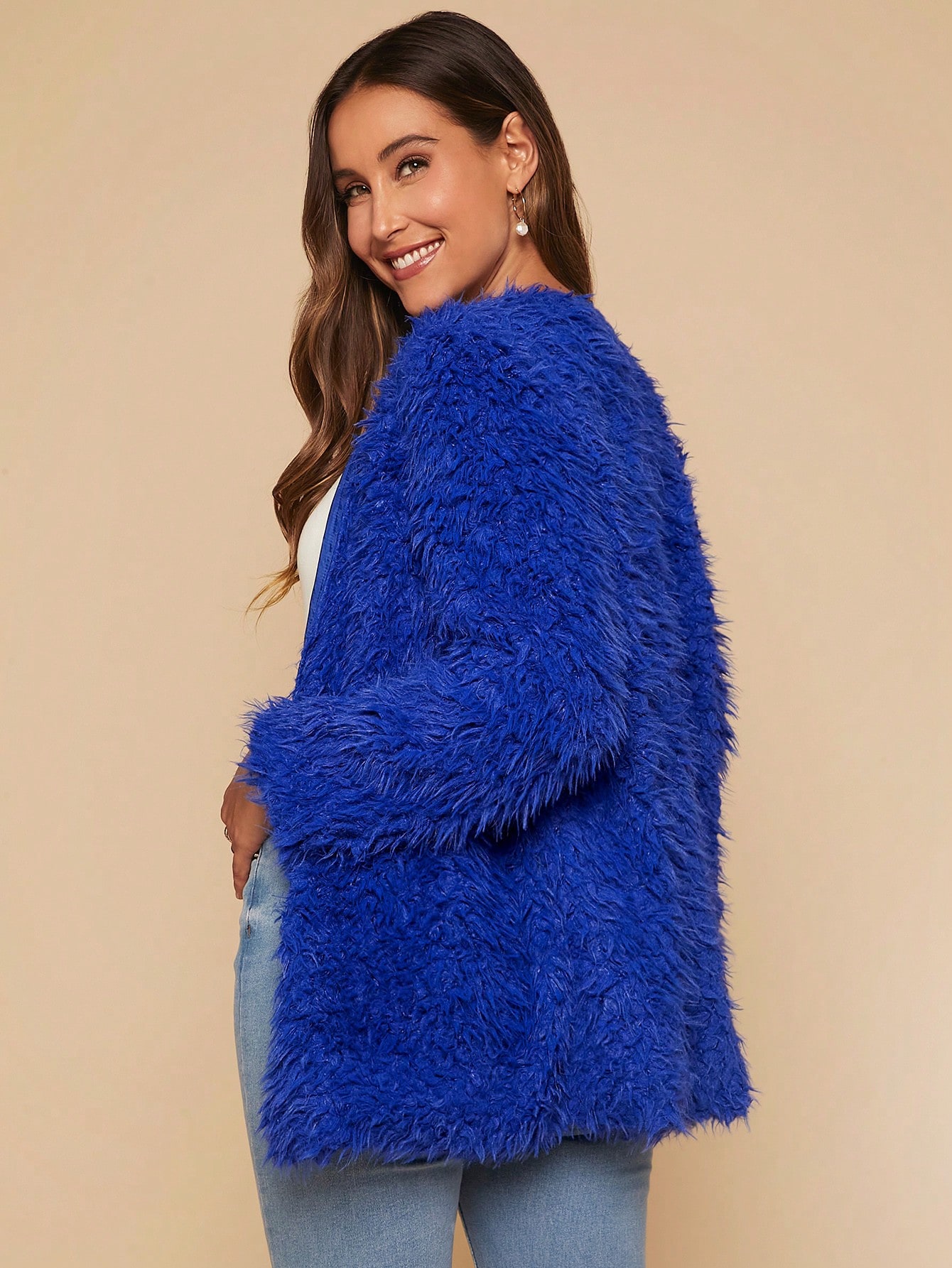 SHEIN Clasi Open Front Fuzzy Coat SHEIN USA