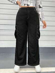 SHEIN EZwear Quần Plus Size Nút Túi Dây kéo màu trơn Giải trí - màu đen - Xem 4