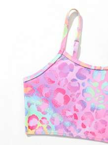 SHEIN Conjunto de traje de baño rosa de leopardo multicolor con patrones divertidos para niña joven