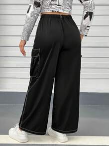 SHEIN EZwear Quần Plus Size Nút Túi Dây kéo màu trơn Giải trí - màu đen - Xem 5