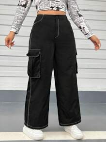 SHEIN EZwear Quần Plus Size Nút Túi Dây kéo màu trơn Giải trí - màu đen - Xem 1