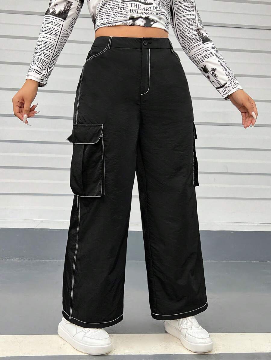 SHEIN EZwear Quần Plus Size Nút Túi Dây kéo màu trơn Giải trí - màu đen - Xem 1