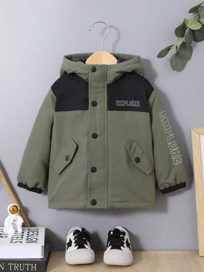 SHEIN 男嬰字母圖案撞色前紐扣連帽外套不帶T恤