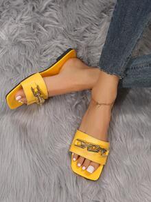 Summer Fashionable Chain Decor Flat Sandals For Women - Yellow - View 2