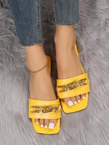 Summer Fashionable Chain Decor Flat Sandals For Women - Yellow - View 3