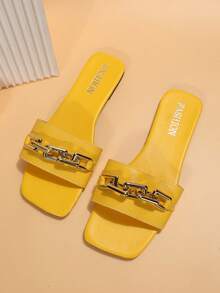 Summer Fashionable Chain Decor Flat Sandals For Women - Yellow - View 4