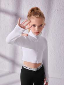 SHEIN Tween Girl Zip Up Crop Jacket - White - View 3