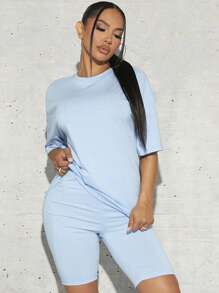 SHEIN SXY Bộ đồ hai mảnh nữ màu trơn Giải trí - Màu xanh nhạt - Xem 1