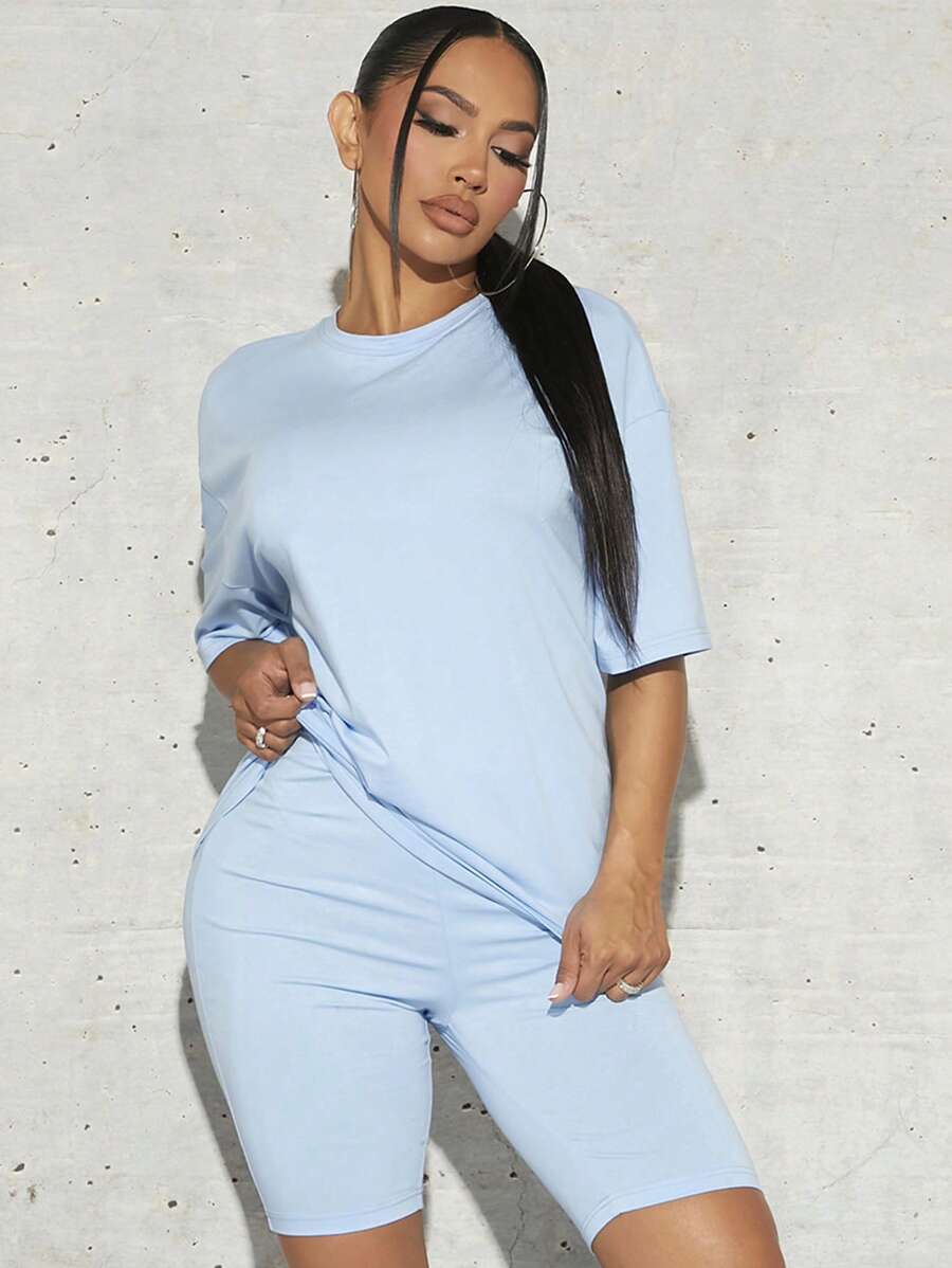 SHEIN SXY Bộ đồ hai mảnh nữ màu trơn Giải trí - Màu xanh nhạt - Xem 1