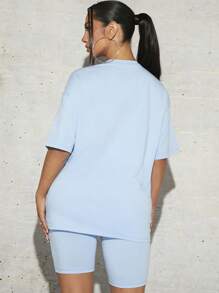 SHEIN SXY Bộ đồ hai mảnh nữ màu trơn Giải trí - Màu xanh nhạt - Xem 2