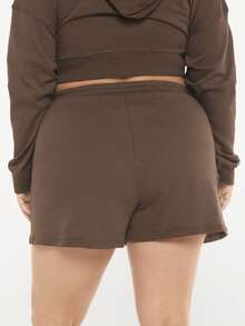 SHEIN BASICS Plus 毛圈抓絨抽繩腰身斜口袋短褲 - 咖啡棕 - 查看 3