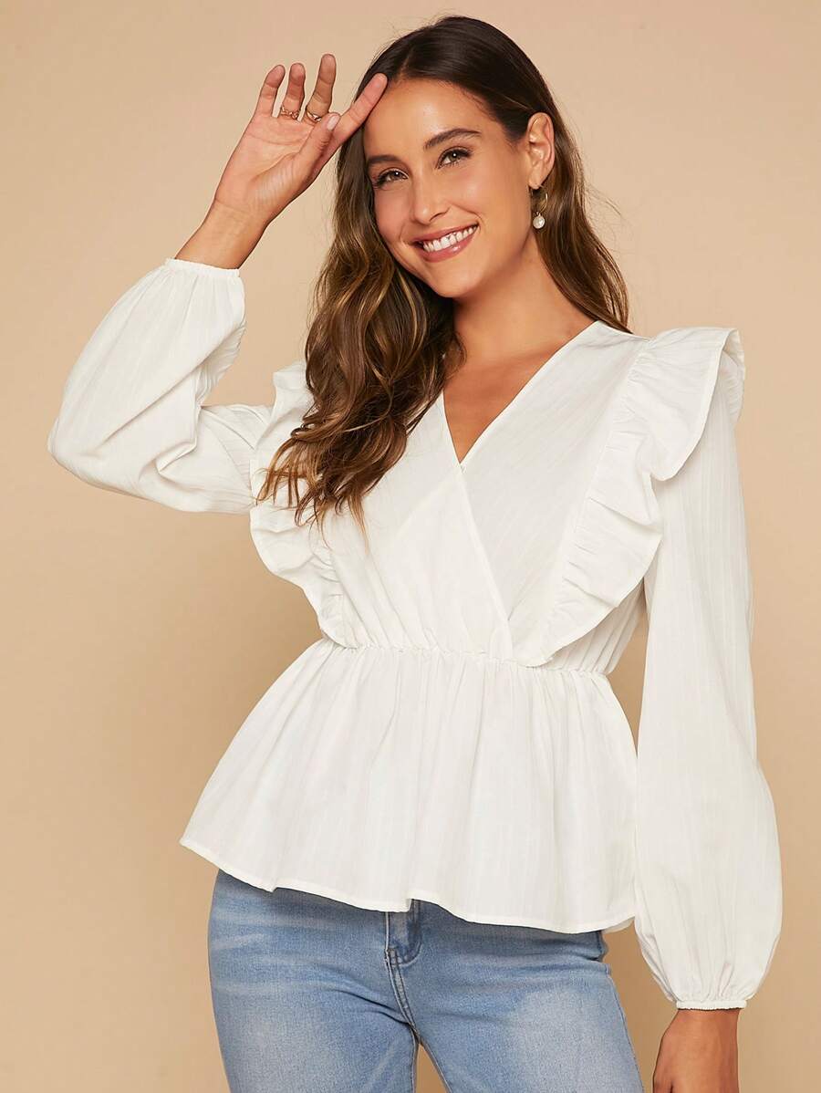 SHEIN Clasi 荷葉邊燈籠袖荷葉邊下擺襯衫 - 白色 - 查看 1