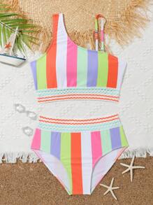 青少年女孩条纹不对称领口比基尼套装夏季海滩 - 彩色 - 查看 1