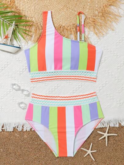青少年女孩条纹不对称领口比基尼套装夏季海滩