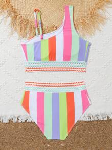 青少年女孩条纹不对称领口比基尼套装夏季海滩 - 彩色 - 查看 2