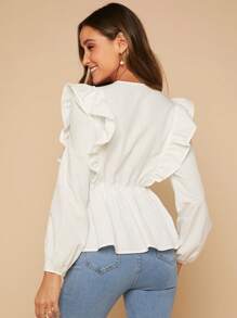 SHEIN Clasi 荷葉邊燈籠袖荷葉邊下擺襯衫 - 白色 - 查看 2