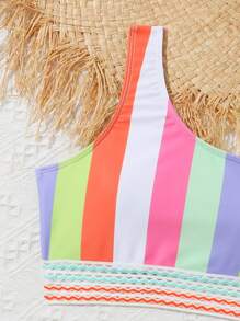 青少年女孩条纹不对称领口比基尼套装夏季海滩 - 彩色 - 查看 3