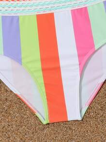 青少年女孩条纹不对称领口比基尼套装夏季海滩 - 彩色 - 查看 4
