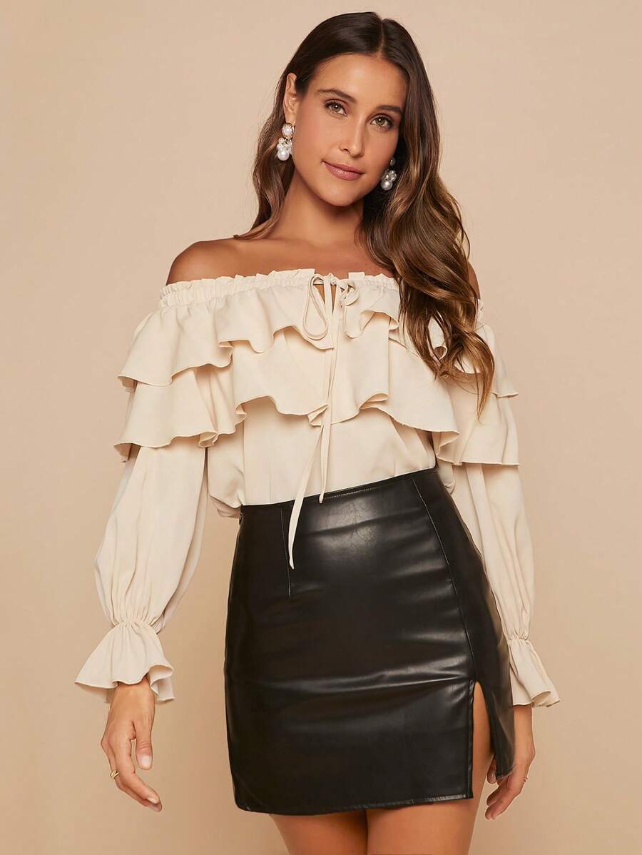 SHEIN Clasi Off Shoulder Ruffle Trim Flare Sleeve Tie Front Blouse - Beige - View 1