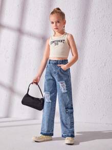 Chica preadolescente Jeans cargo desgarro con bolsillo lateral con solapa - Azul lavado medio - Ver 3