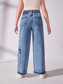 Chica preadolescente Jeans cargo desgarro con bolsillo lateral con solapa - Azul lavado medio - Ver 2