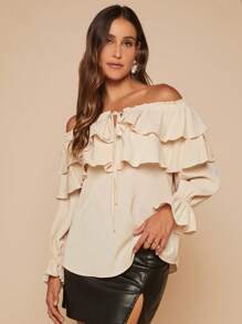 SHEIN Clasi Off Shoulder Ruffle Trim Flare Sleeve Tie Front Blouse - Beige - View 3