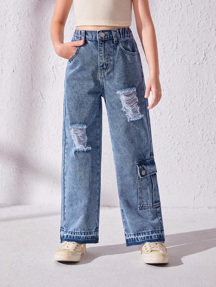 Chica preadolescente Jeans cargo desgarro con bolsillo lateral con solapa - Azul lavado medio - Ver 1