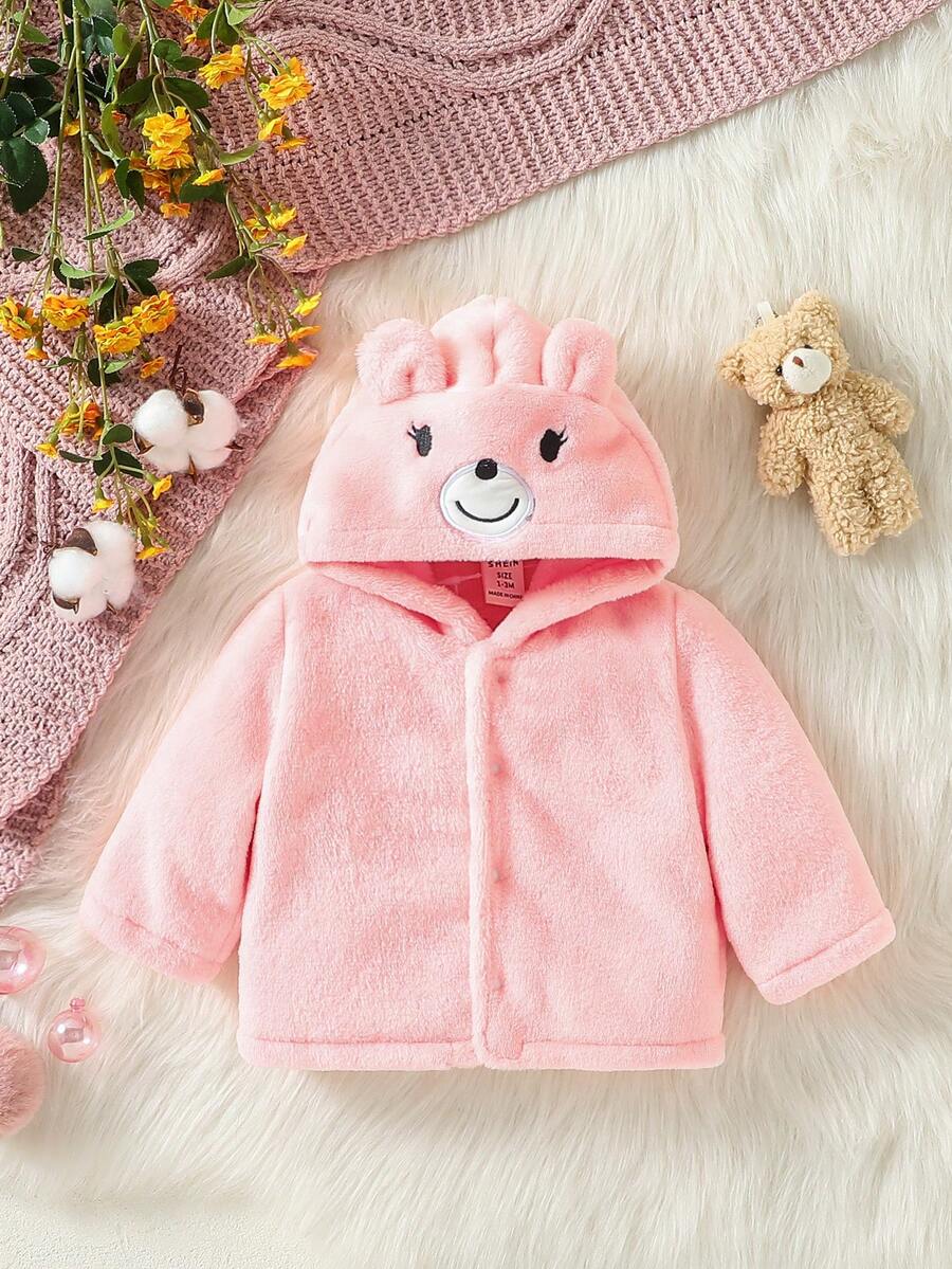 女嬰卡通刺繡3D耳朵設計連帽絨布外套 - 粉色 - 查看 1