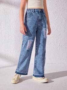 Chica preadolescente Jeans cargo desgarro con bolsillo lateral con solapa - Azul lavado medio - Ver 4