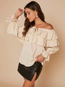 SHEIN Clasi Off Shoulder Ruffle Trim Flare Sleeve Tie Front Blouse - Beige - View 4