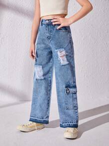 Chica preadolescente Jeans cargo desgarro con bolsillo lateral con solapa - Azul lavado medio - Ver 5