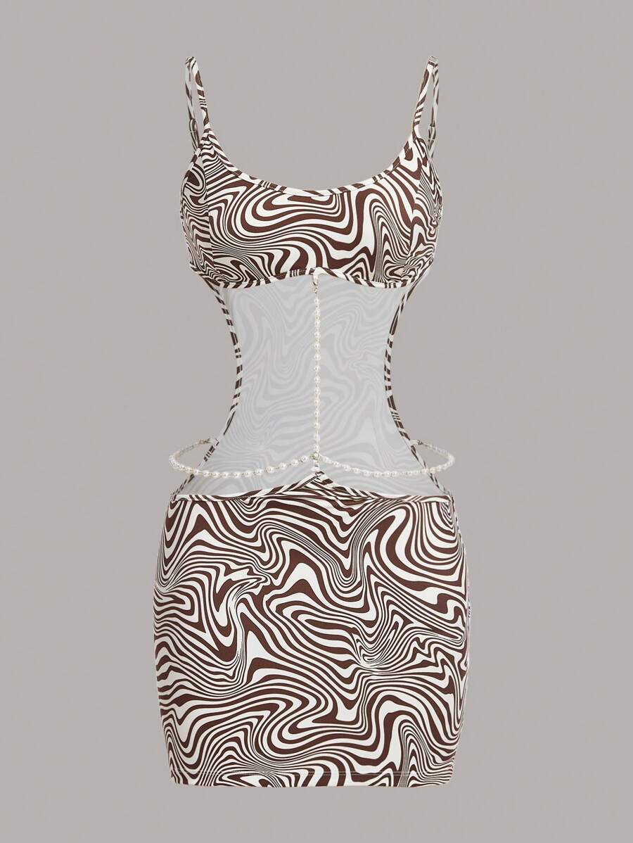 SHEIN ICON 大理石紋圖案腰部鏤空吊帶連衣裙 - 棕色 - 查看 1