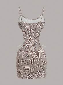 SHEIN ICON 大理石紋圖案腰部鏤空吊帶連衣裙 - 棕色 - 查看 2