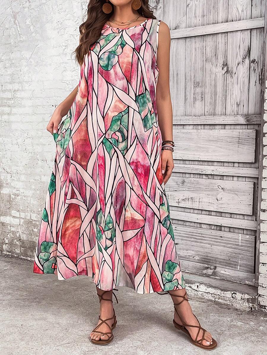 EMERY ROSE 大碼滿版印花背心洋裝 - 粉色 - 查看 1