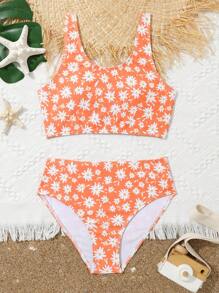Tween Girl Floral Print Bikini Set Summer Beach - Orange - View 1