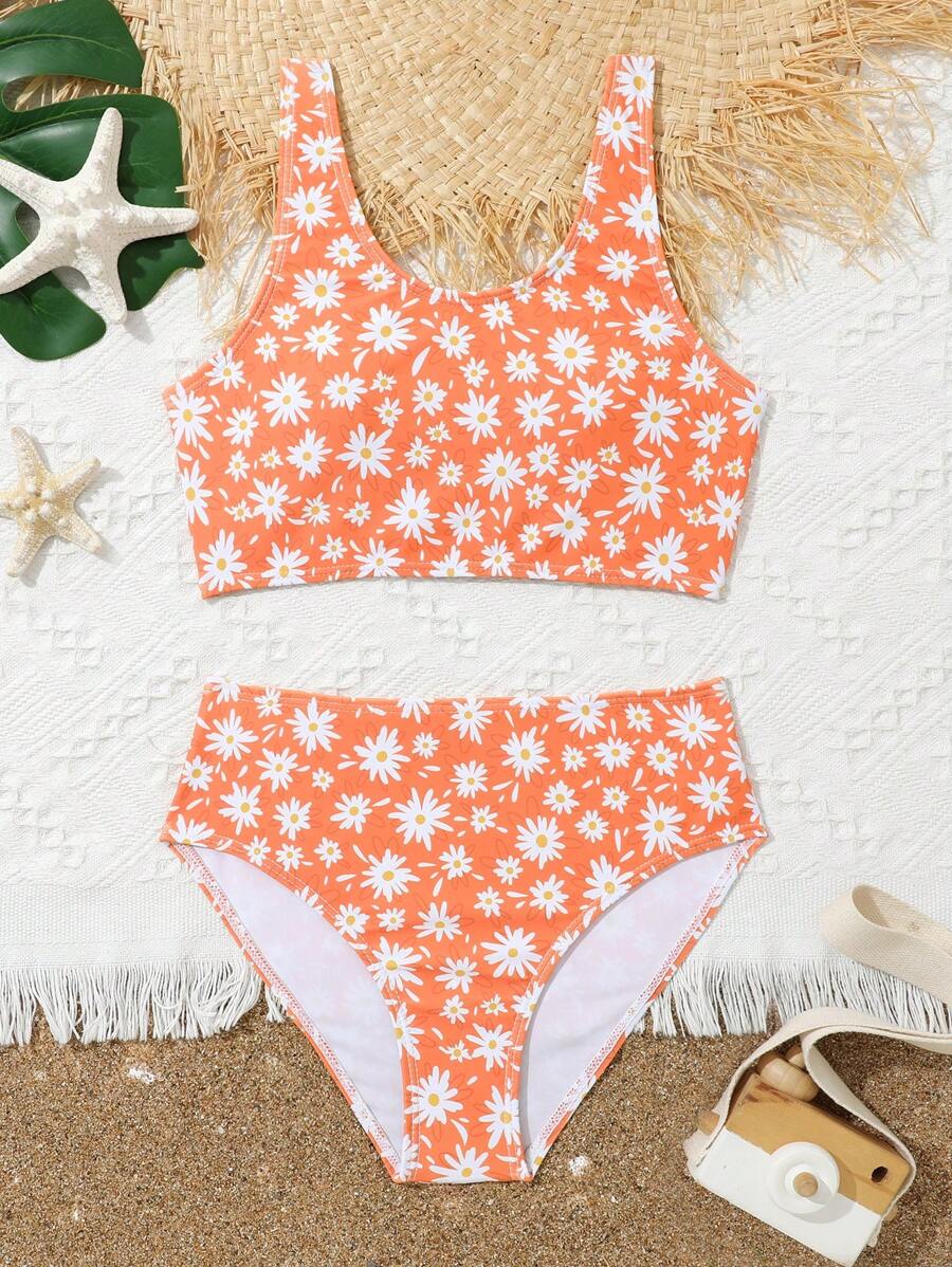 Tween Girl Floral Print Bikini Set Summer Beach - Orange - View 1