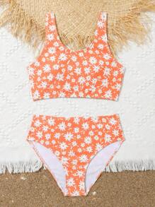 Tween Girl Floral Print Bikini Set Summer Beach - Orange - View 3