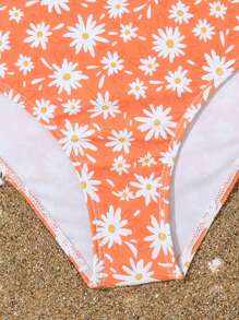 Tween Girl Floral Print Bikini Set Summer Beach - Orange - View 4