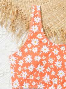 Tween Girl Floral Print Bikini Set Summer Beach - Orange - View 5