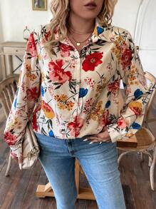 SHEIN Unity Hơn In hoa Nút phía trước Áo sơ mi - Màu be - Xem 4