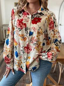 SHEIN Unity Hơn In hoa Nút phía trước Áo sơ mi - Màu be - Xem 3